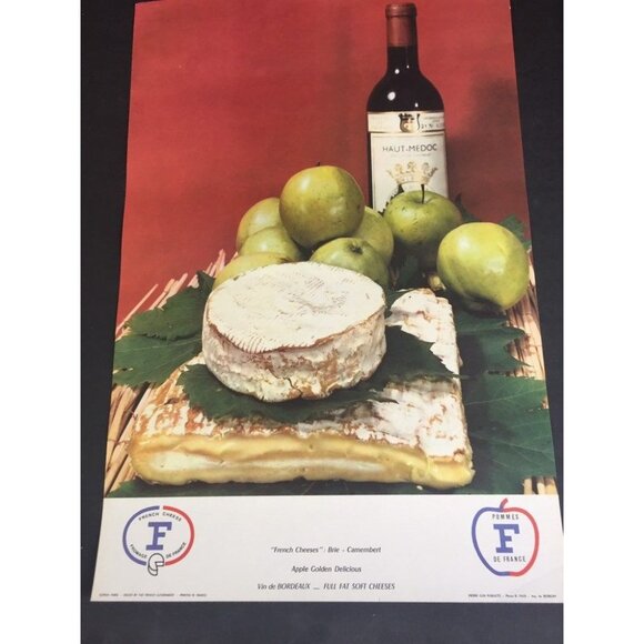 Vintage 1970’s Wine & Cheese Poster Art Pomme De France Haut Medoc Wine Camembet - Picture 5 of 7